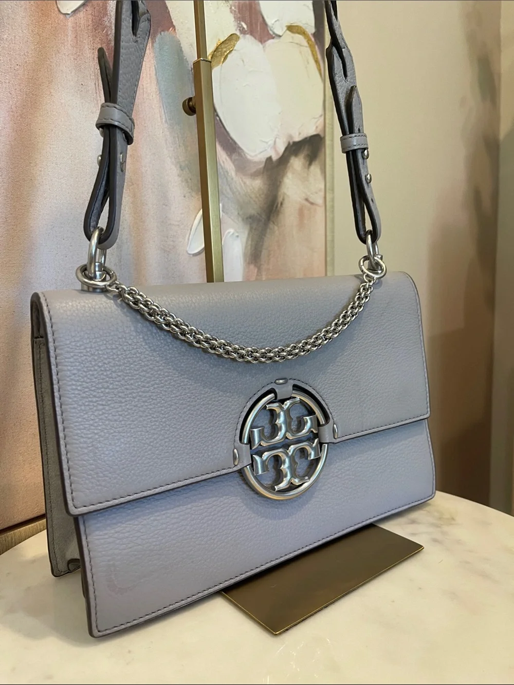 Tory Burch Miller Grey Leather Shoulder Bag with Chain